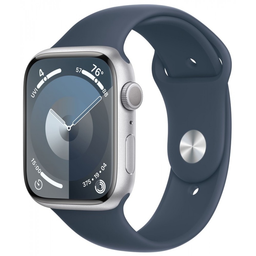 Apple Watch Series 9 45mm Silver Aluminum Case with Storm Blue Sport Band - S/M (MR9D3)