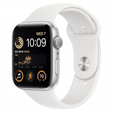Apple Watch SE 2 44mm Silver Aluminum Case with White Sport Band S/M (MNTH3)