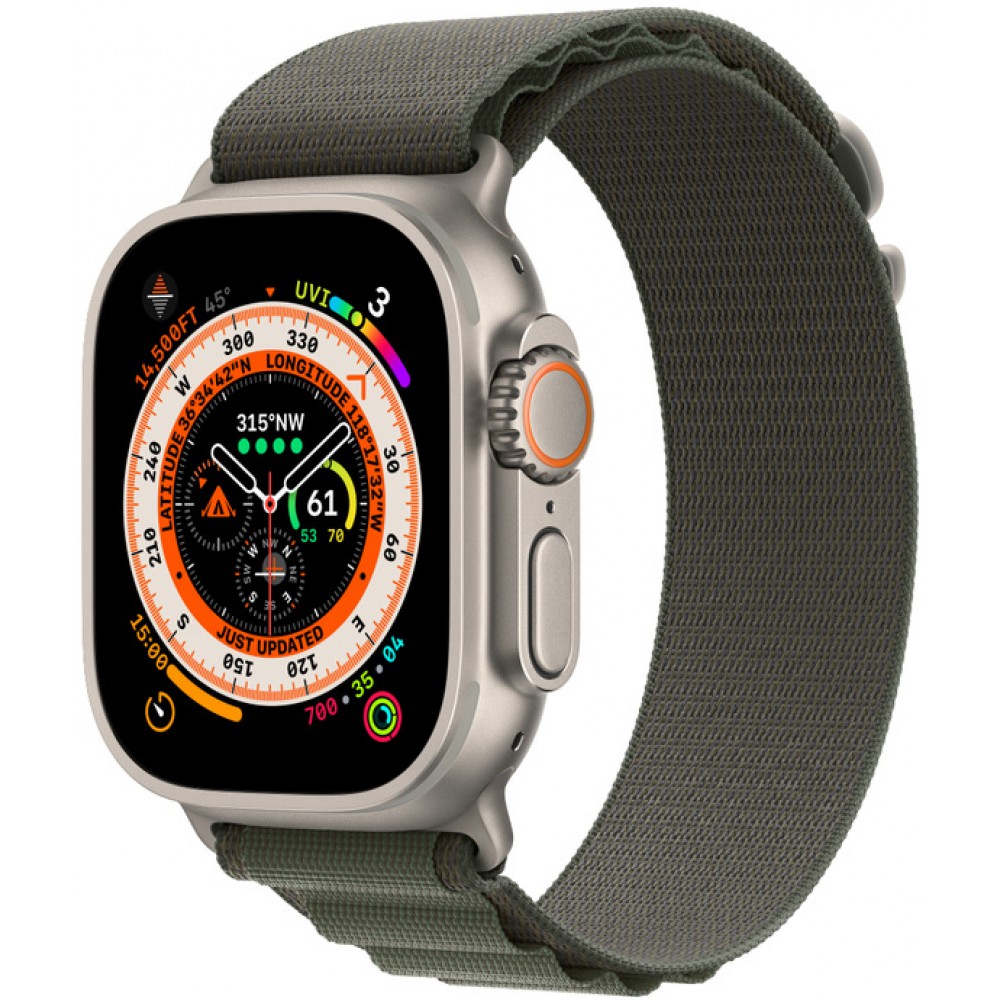 Apple Watch Ultra 49mm Titanium Case with Green Alpine Loop - Medium (MQEW3/MQFN3) UA