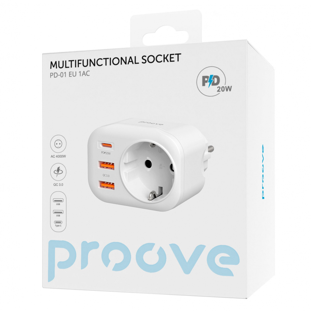 Багатофункціональна Розетка Proove Multifunctional Socket PD-01 EU 1AC (Type-C 20W + 2 USB) (White)