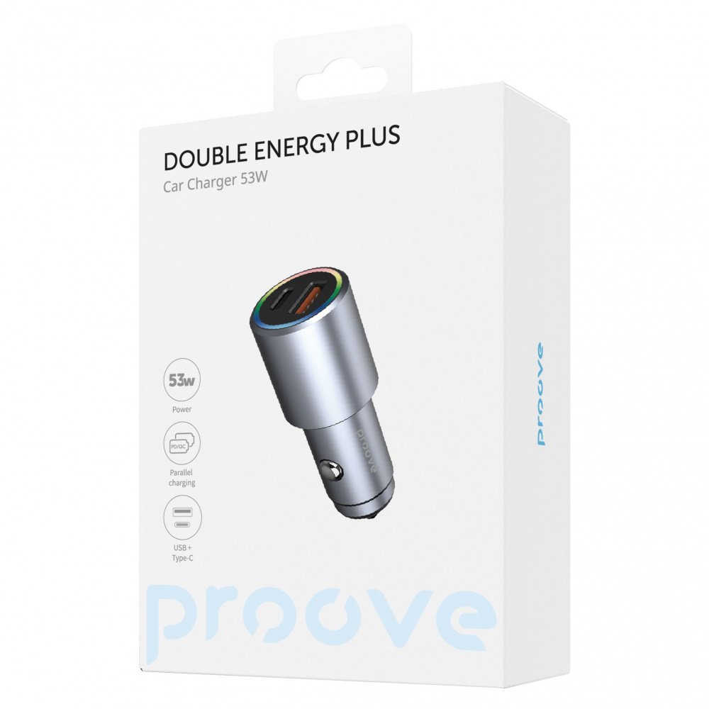 Автомобільний зарядний пристрій Proove Double Energy Plus 53W (USB + Type-C) (Metal Gray)