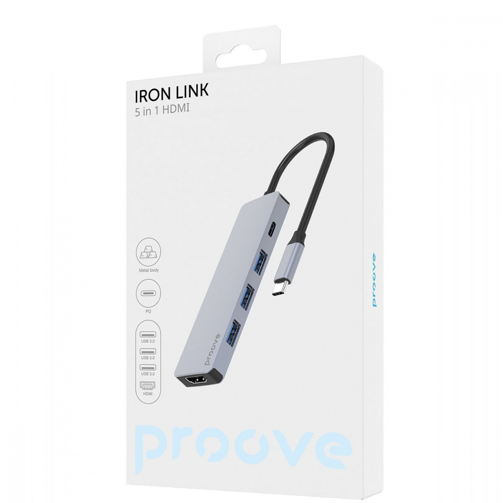USB-Хаб Proove Iron Link 5 in 1 (3 x USB3.0 + Tyce C + HDMI) (Silver)