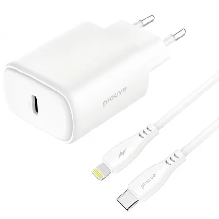 Мережевий зарядний пристрій Proove Silicone Power 2 20W (Type-C) + Cable Type-C to Lightning (1m) (White)