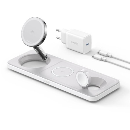 Бездротова зарядна станція Anker MagGo Wireless Charging Station Pad 3in1 15W (White) (B25M1321)