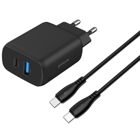 Мережевий зарядний пристрій Proove Silicone Power 2 30W (Type-C + USB) + Cable Type-C to Type-C (1m) black