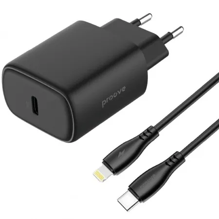 Мережевий зарядний пристрій Proove Silicone Power 2 20W (Type-C) + Cable Type-C to Lightning (1m) (Black)