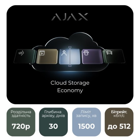 Хмарне сховище Ajax Cloud Storage Economy на 12 місяців (Глибина архіву 30 днів (1500 хвилин), 1 камера)
