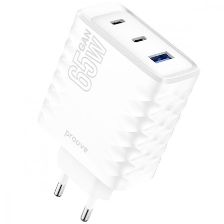 Мережевий зарядний пристрій Proove Speed Surge Gan 65W (USB + 2 Type-C) (Білий)  у Миколаєві